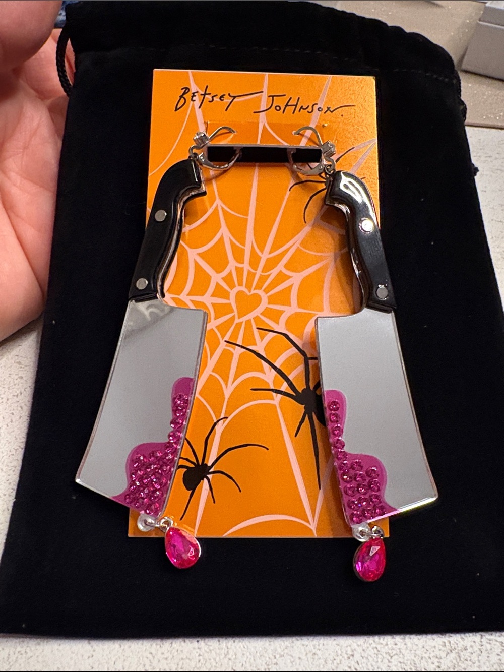 Betsey Johnson Black, Silver and Pink Cleaver Dangle Earrings